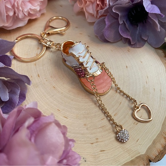 Pink and White Baby Tennis Shoe Crystal Keychain Charm - Picture 4 of 10